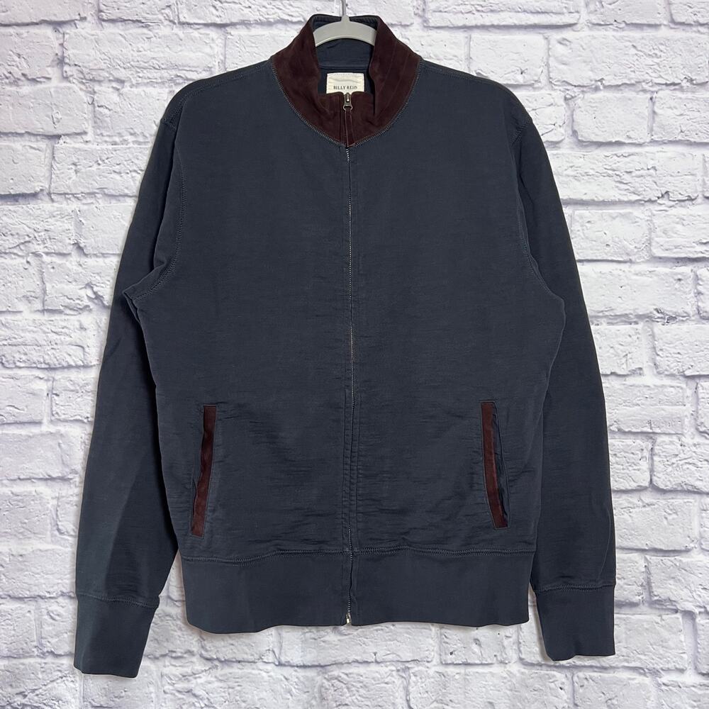 Billy Reid Zip Sweatshirt Bomber Jacket Size L Slim Gray Cotton Suede Trim Mock